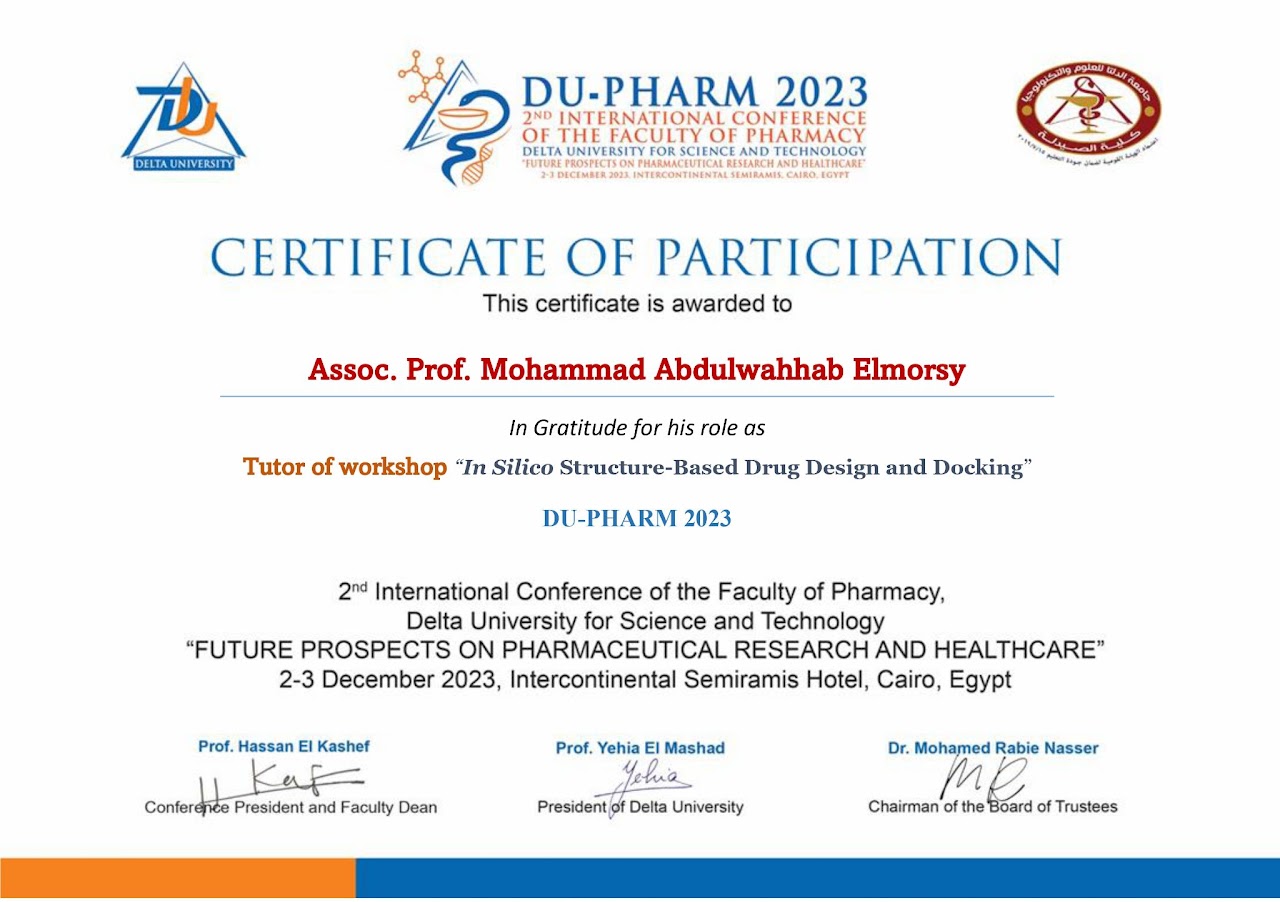 Served as a tutor for the workshop on 'In Silico Structure-Based Drug Design and Docking' at the 2nd International Conference of the Faculty of Pharmacy, Delta University (2023)