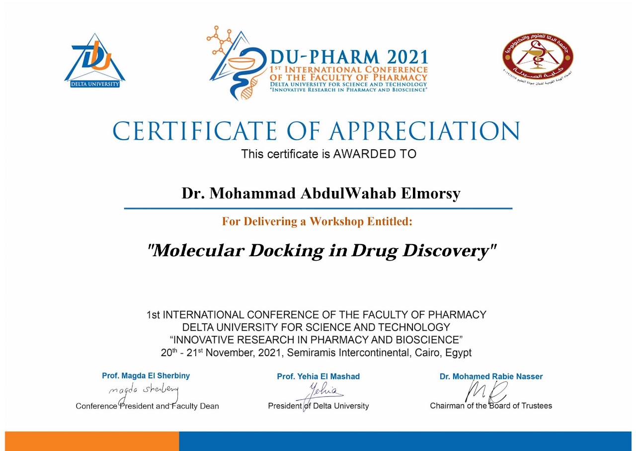 Delivered a workshop on 'Molecular Docking in Drug Discovery' at the 1st International Conference of the Faculty of Pharmacy, Delta University, in November 2021