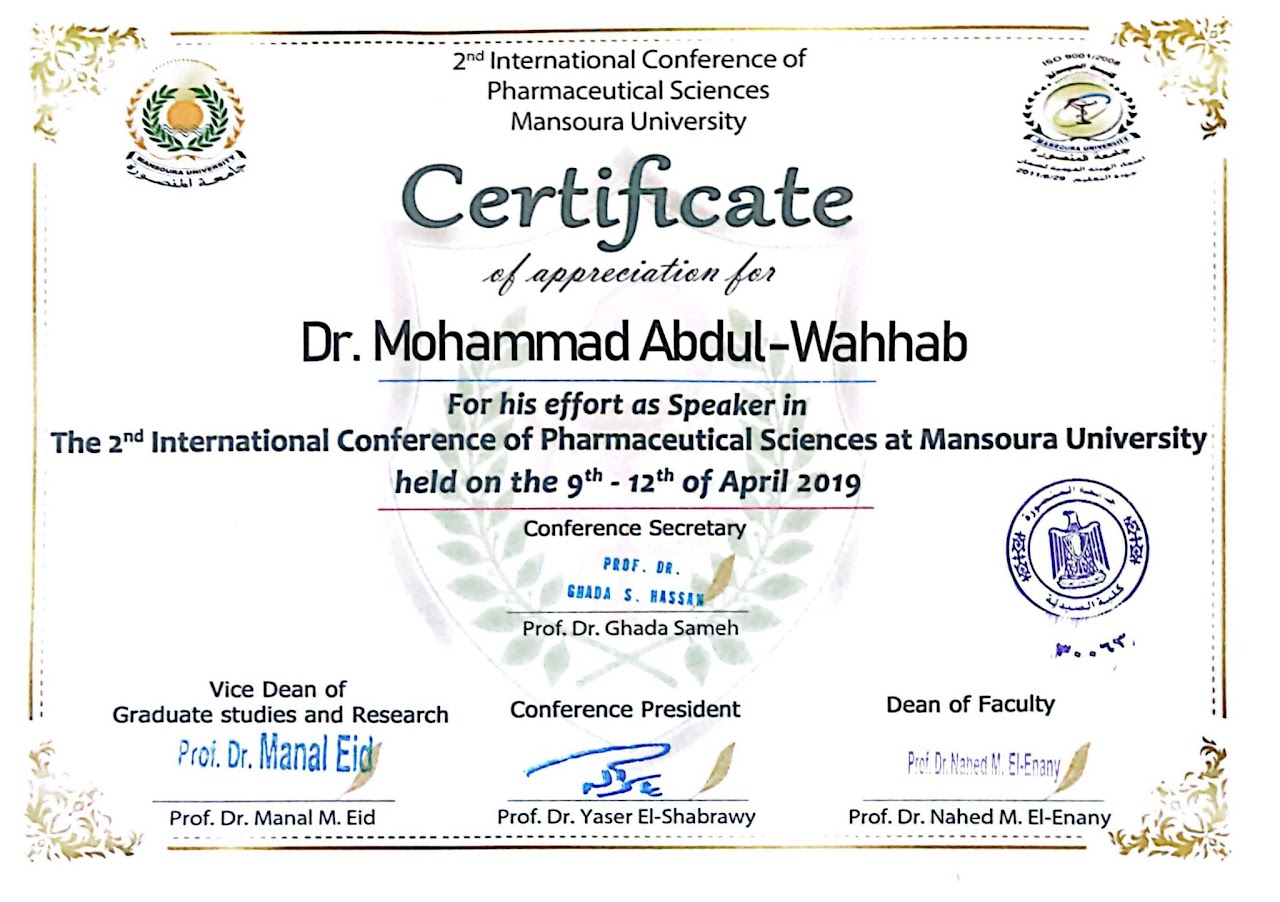 Served as a speaker at the 2nd International Conference of Pharmaceutical Sciences at Mansoura University, held in April 2019