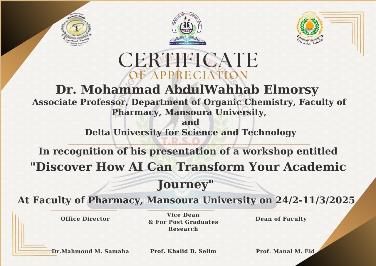 Presented a workshop titled 'Discover How AI Can Transform Your Academic Journey' at the Faculty of Pharmacy, Mansoura University, in February-March 2025