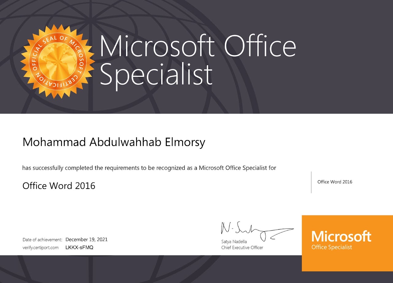 Recognized as a Microsoft Office Specialist for Word 2016, having successfully completed the requirements on December 19, 2021