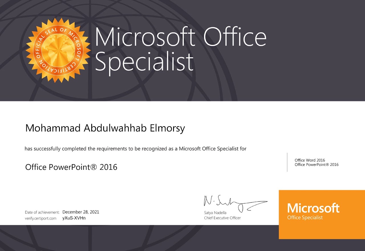 Achieved Microsoft Office Specialist certification for PowerPoint 2016 on December 28, 2021